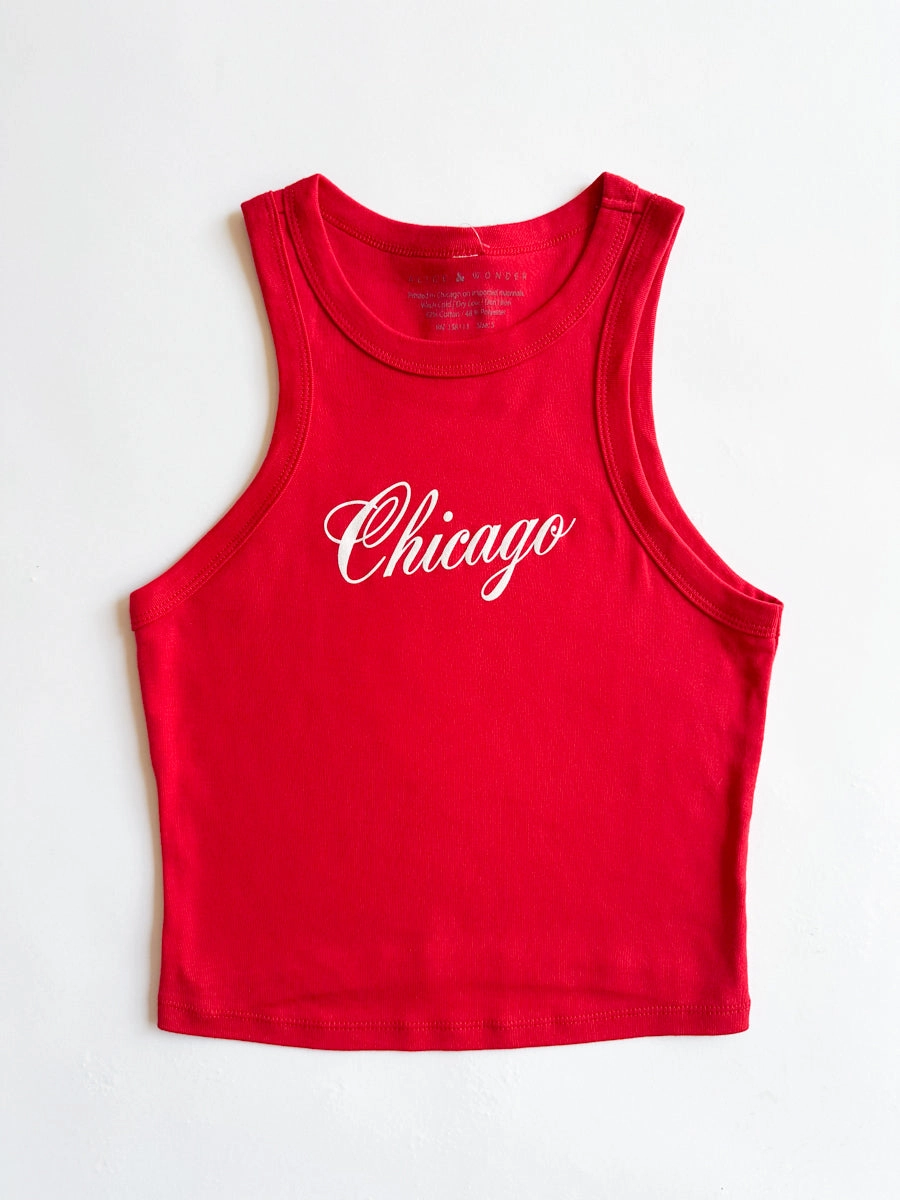Quick Dry Fabric Chicago Script Racer Tank - Red