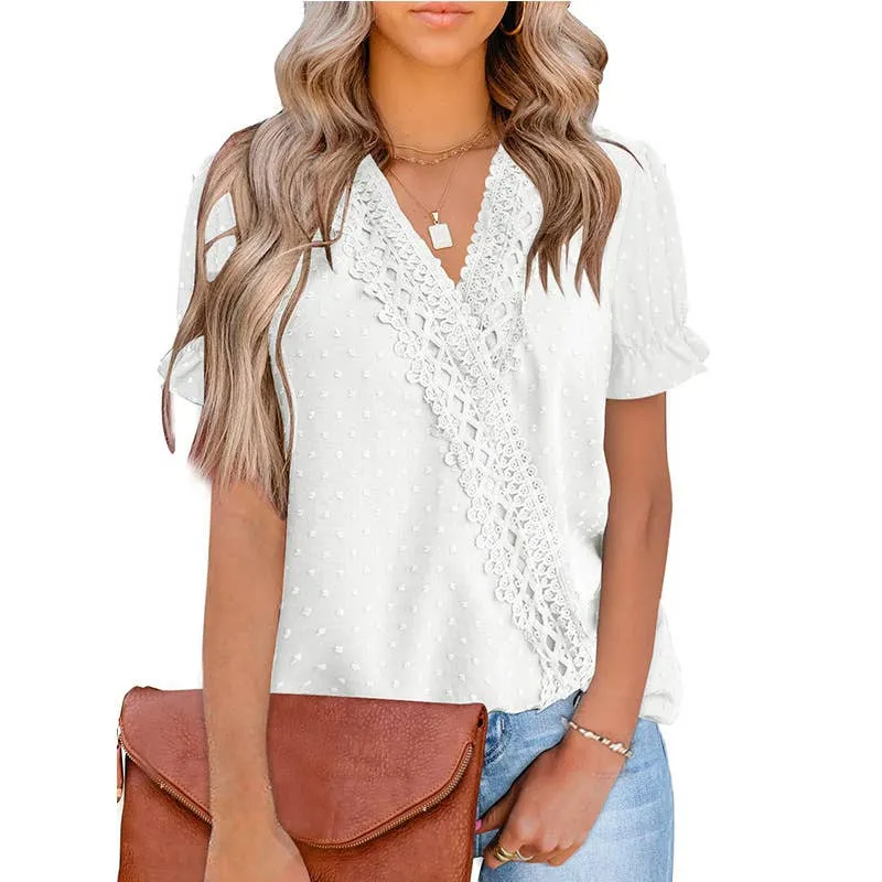 CHIFFON HAIRBALL LACE V-NECK SHIRT_CWTBLS0757 Easy Care Fabric AntiPilling