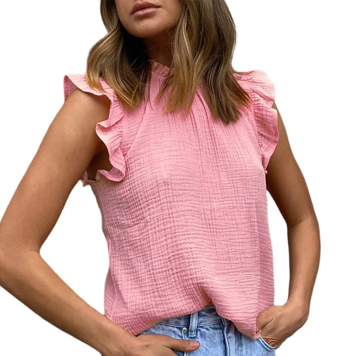 CHIFFON SOLID COLOR PATCHWORK SLEEVELESS BLOUSE_CWTBLSL0361 FrictionReducing