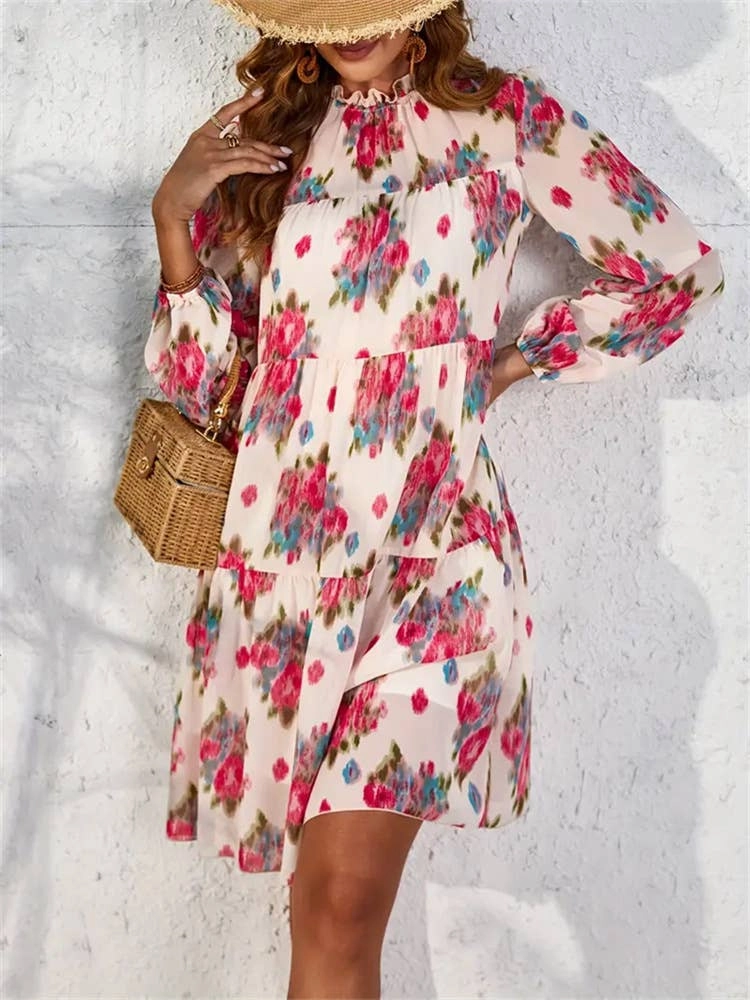 Perfectly Fitted CHIFFON PRINT RUFFLED DRESS_CWDSD3590