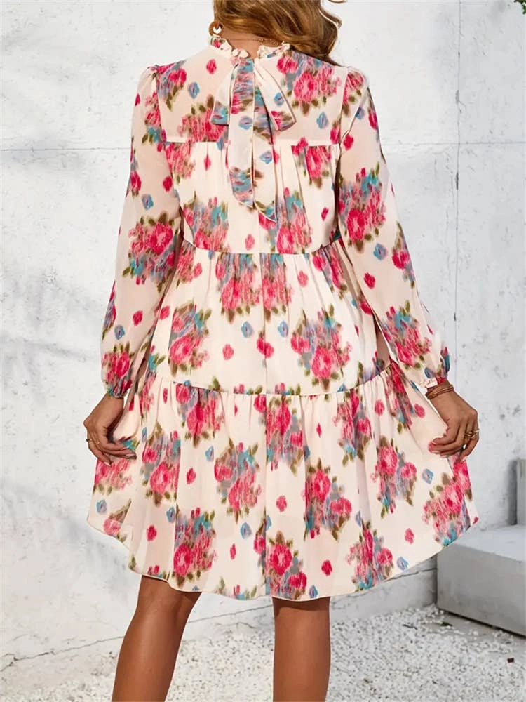 DoubleLayeredMaterial CHIFFON PRINT RUFFLED DRESS_CWDSD3590