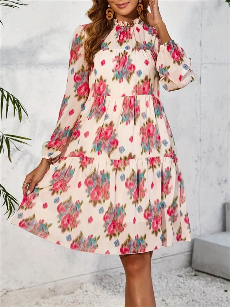 CHIFFON PRINT RUFFLED DRESS_CWDSD3590 Trendy And Comfortable Semi Fit