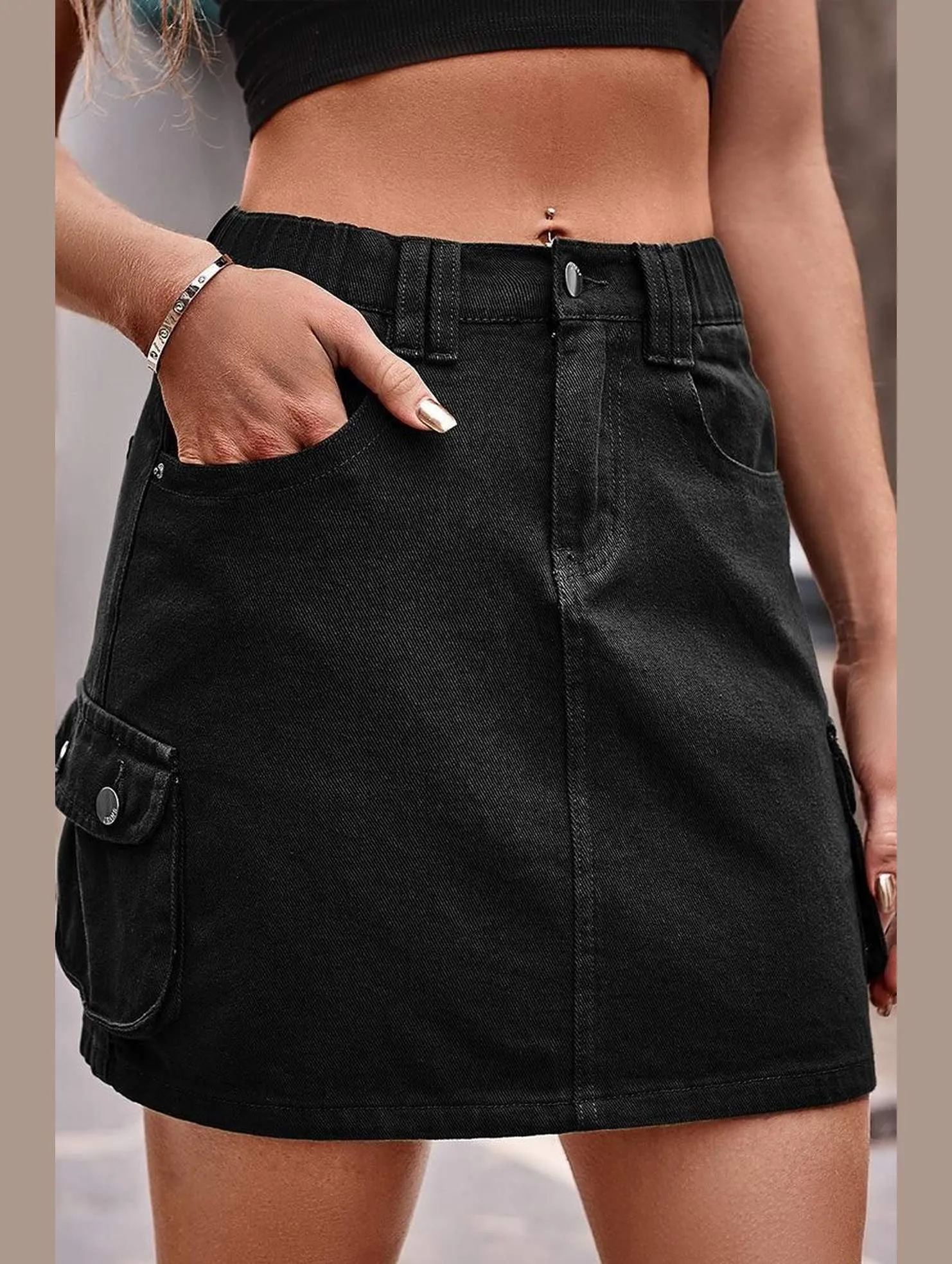 Easy Fit MoistureWickingLining SIDE MINI POCKET ELASTIC WAIST CASUAL CARGO SKIRT