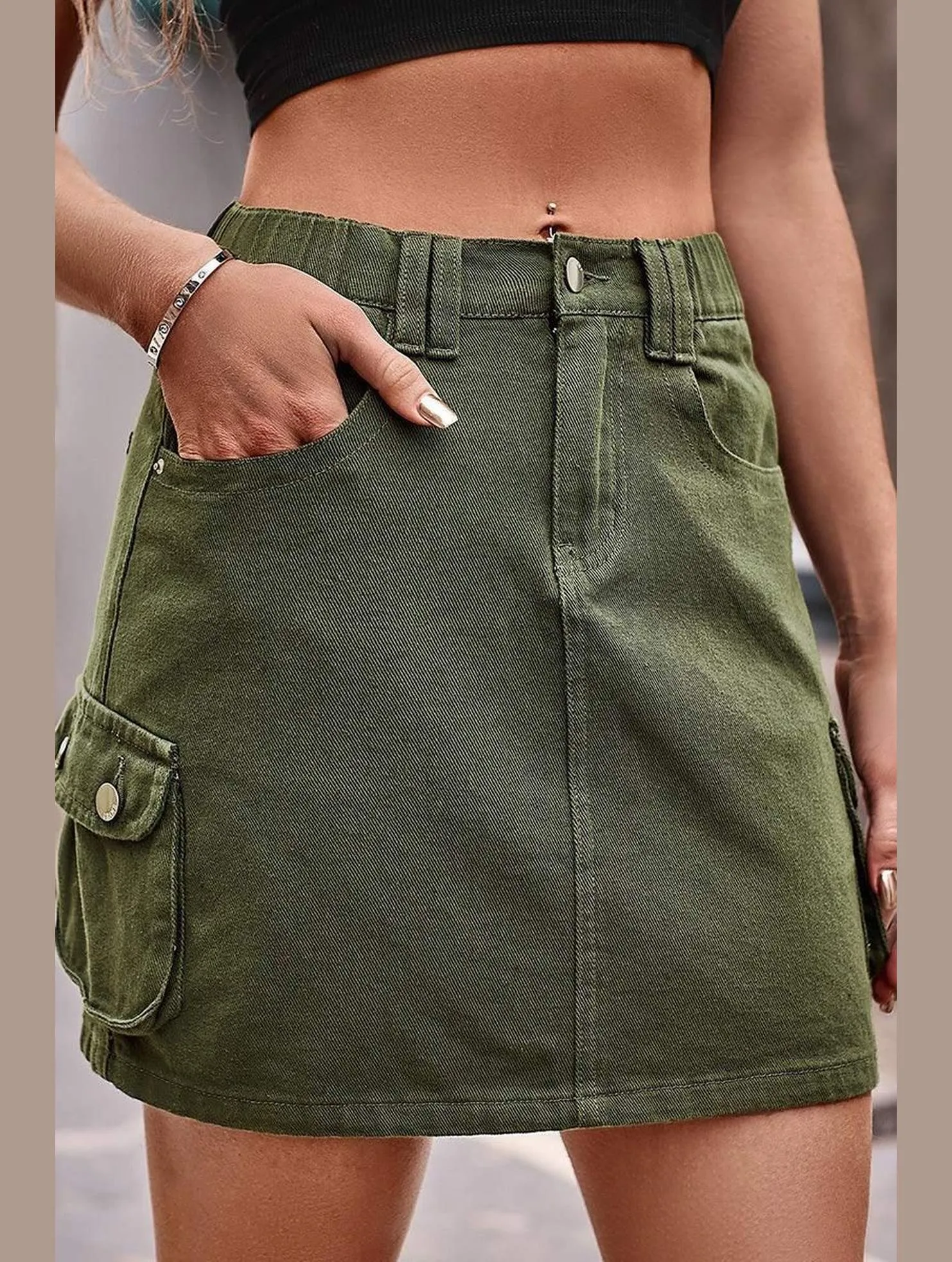 Sporty Comfort Wear SIDE MINI POCKET ELASTIC WAIST CASUAL CARGO SKIRT