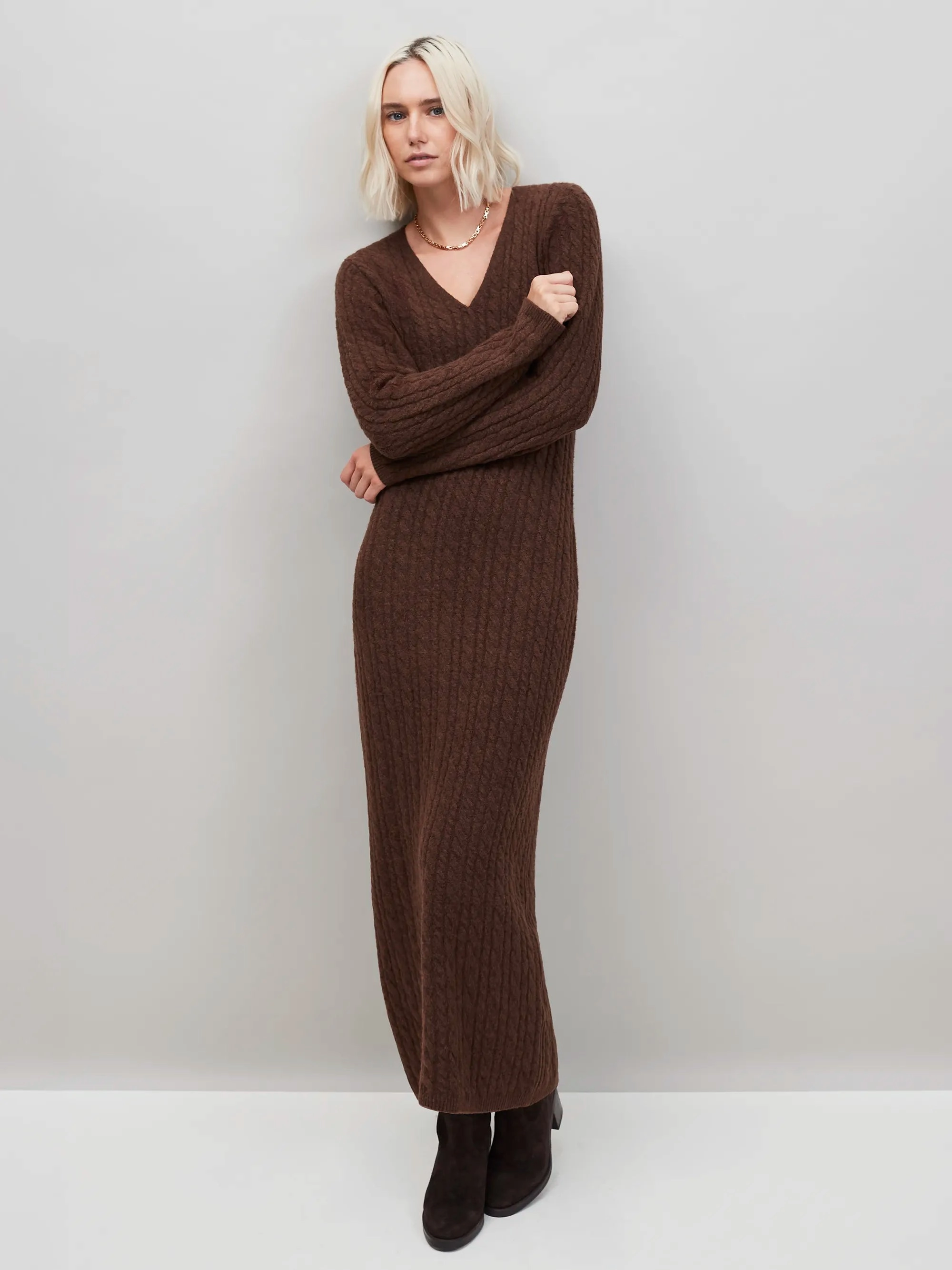 Layered Movement Chocolate Brown Cable Knit Dress