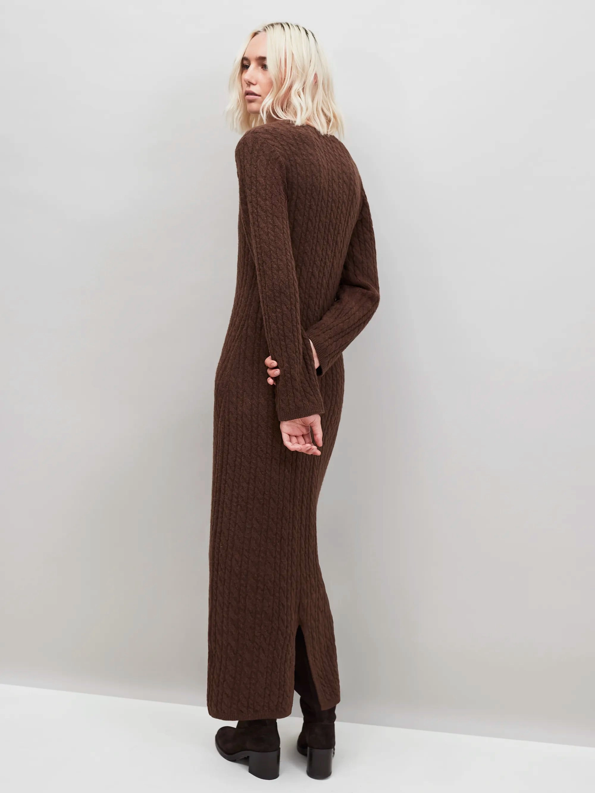 Chocolate Brown Cable Knit Dress Boho Tone Linen Soft