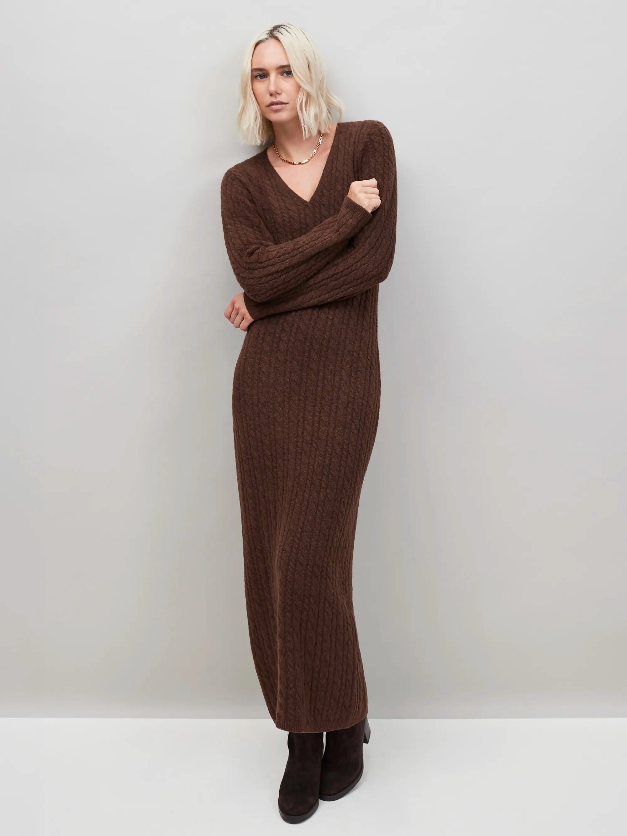 Metallic Finish Chill Vibes Chocolate Brown Cable Knit Dress