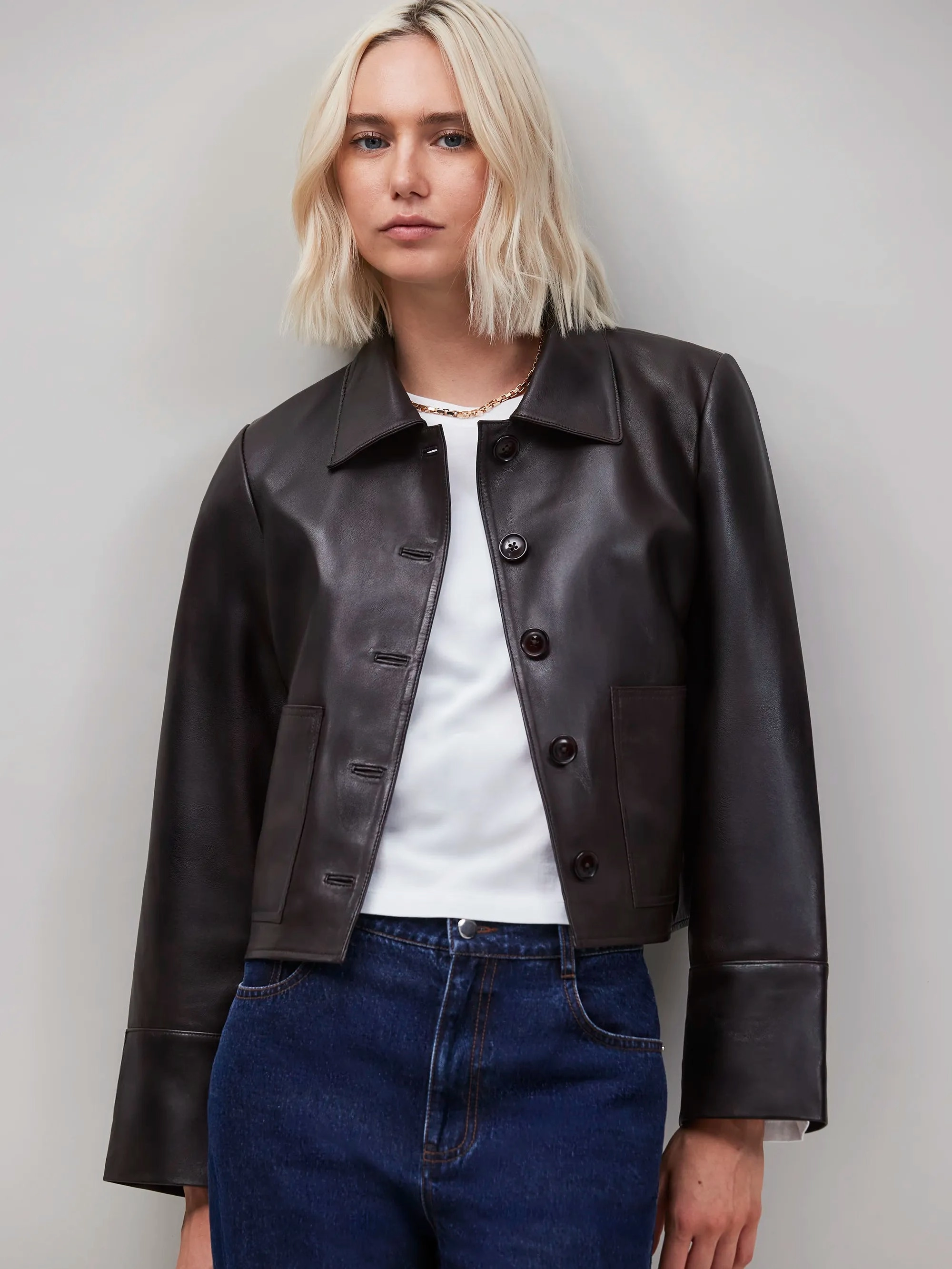 Neutral Tones Durable Color Retention Chocolate Brown Leather Jacket