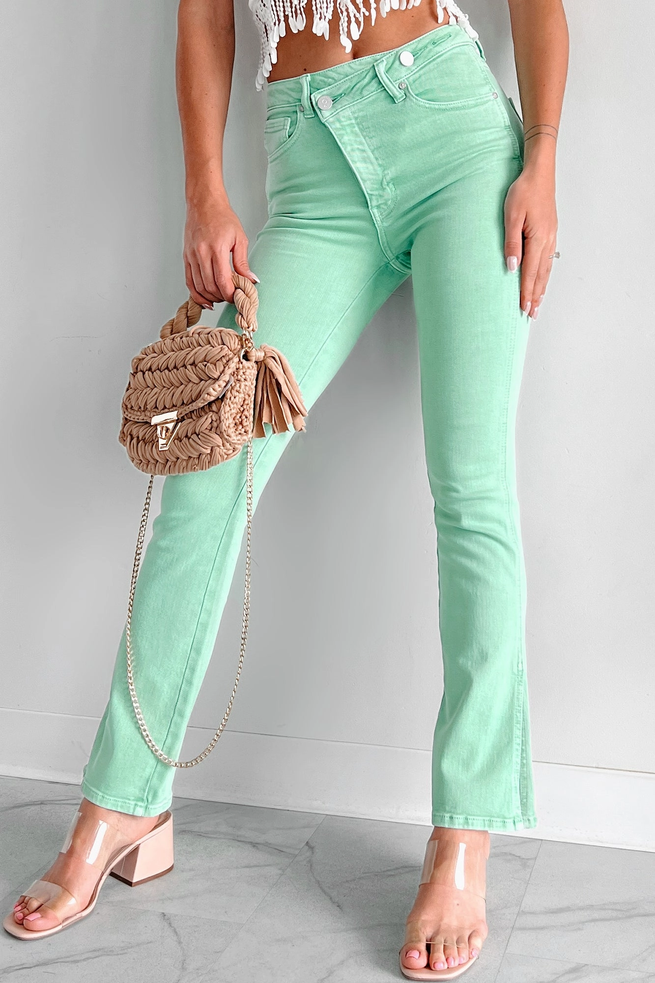 No Fade Look Night Out Everyday Holiday Vibes Christos Cross-Over Waist Bootcut Jeans (Green)