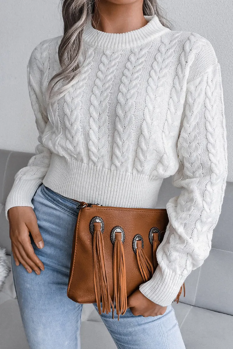 Chic Knit WOMEN CHUNKY CABLE KNIT RIBBED CROP SWEATER