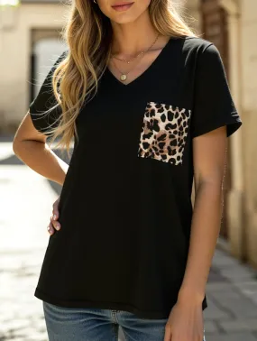 LEOPARD PATTERN BLOCKED CASUAL TOP Breathable Material Leather combination