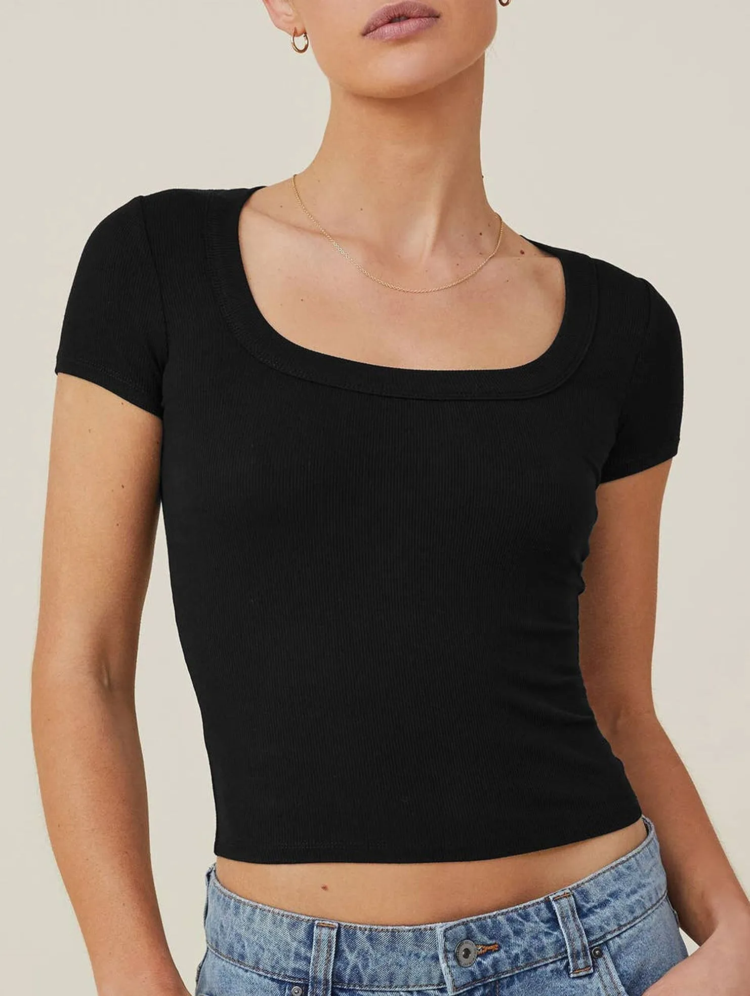 CLASSIC SQUARE NECK SHORT SLEEVE T SHIRT KNIT TOP_CWTSTS0349 YarnDyedQuality LayeredDurability