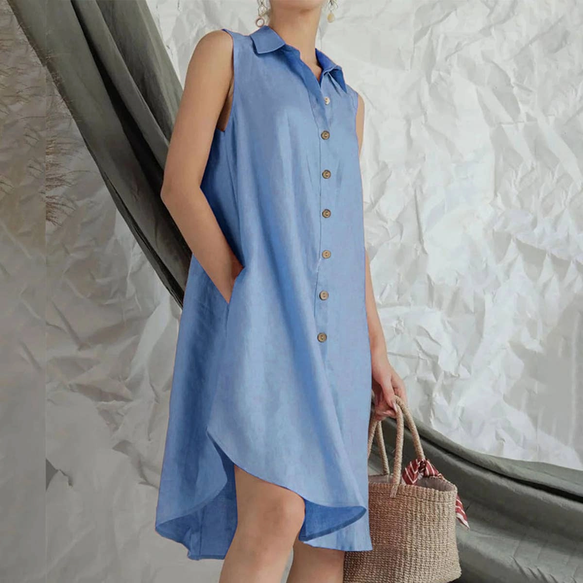 COTTON BUTTON-UP SHIRT DRESS_CWDSD3415 Breathable wear