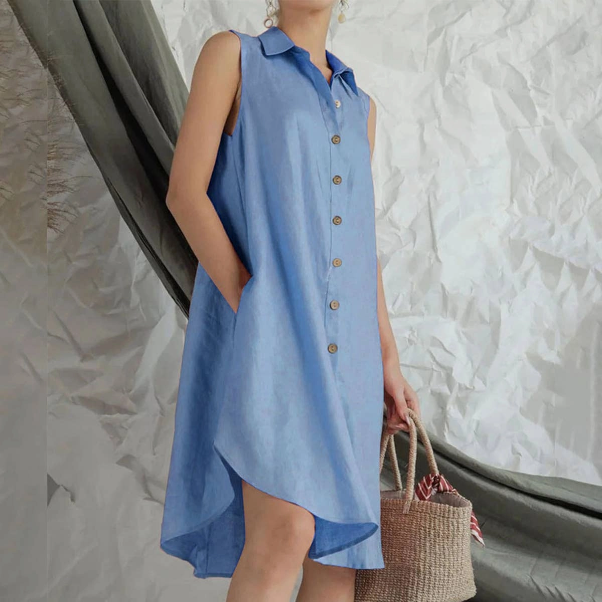 COTTON BUTTON-UP SHIRT DRESS_CWDSD3415 Soft fabric piece Cool Drape
