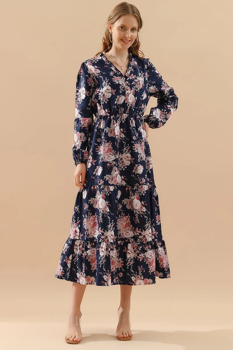 Side-Zip FLORAL PATTERN LONG SLEEVE CASUAL DRESS