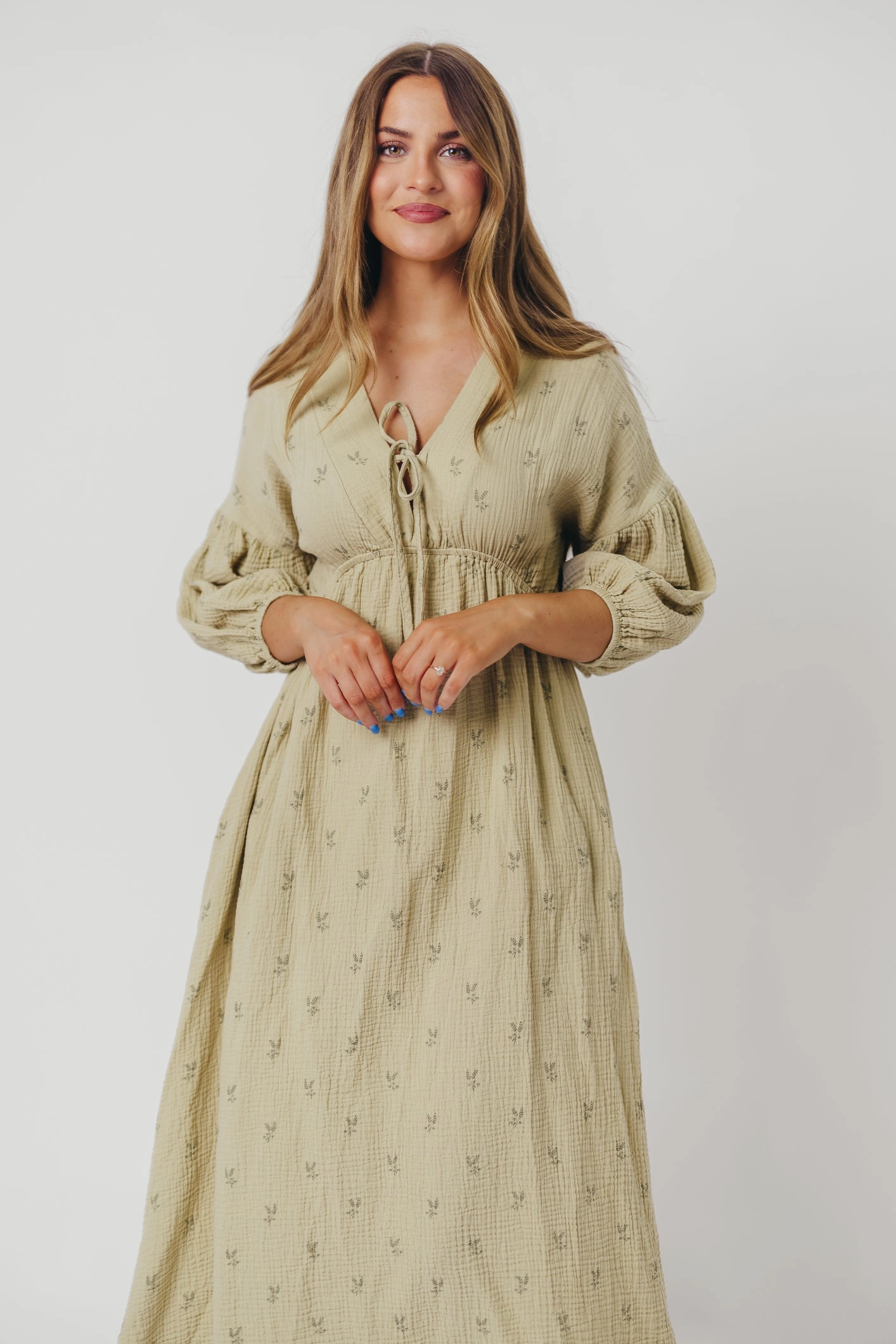 Easy Lovely Lux Look Hunter 100% Cotton Gauze Midi Dress in Thyme/Sage Foliage - Bump Friendly & Inclusive Sizing (XS-3XL)