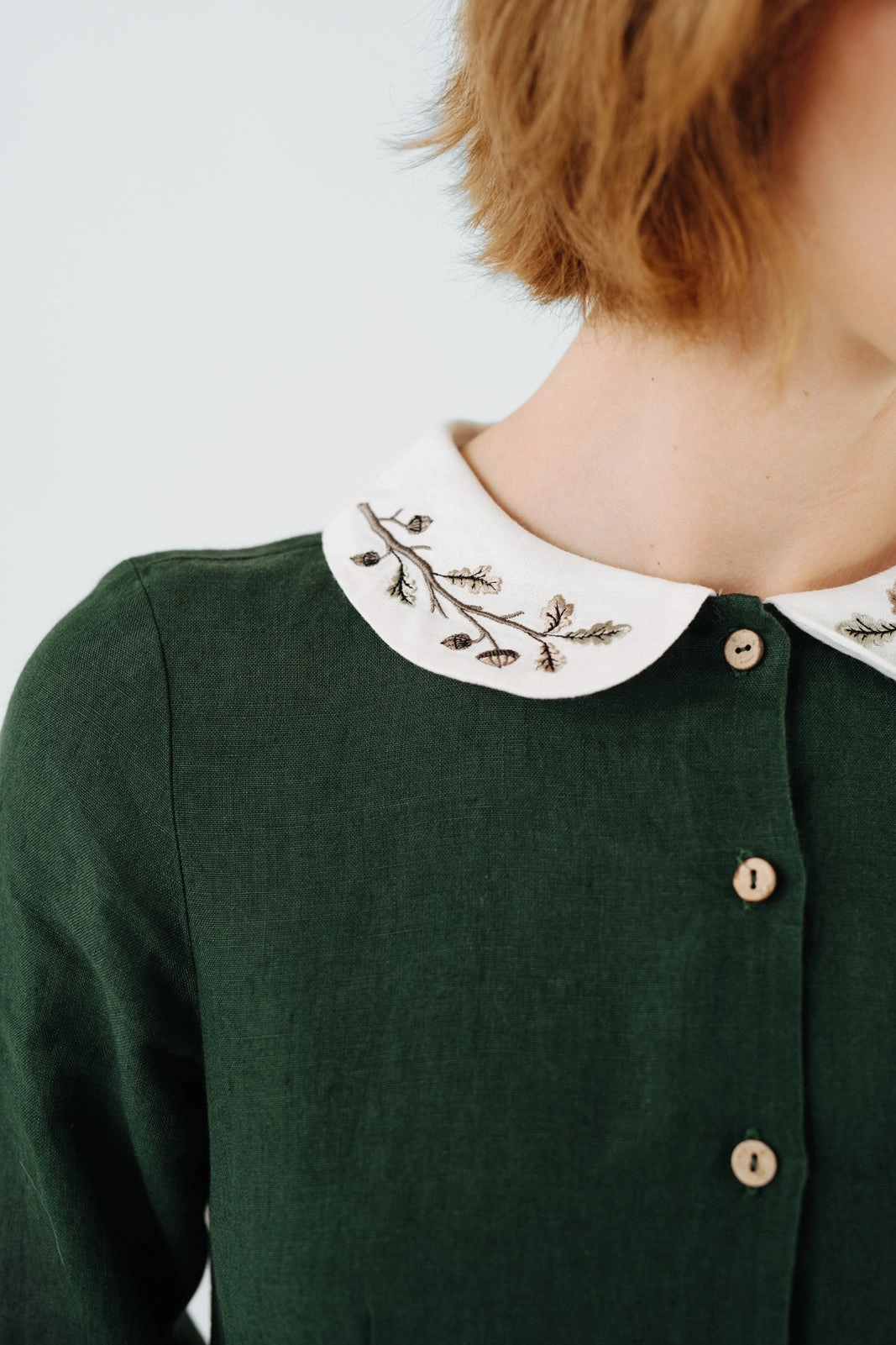 Flutter-Sleeve Panelled-Design Classic Dress with Embroidered Hazelnut Collar, Long Sleeve