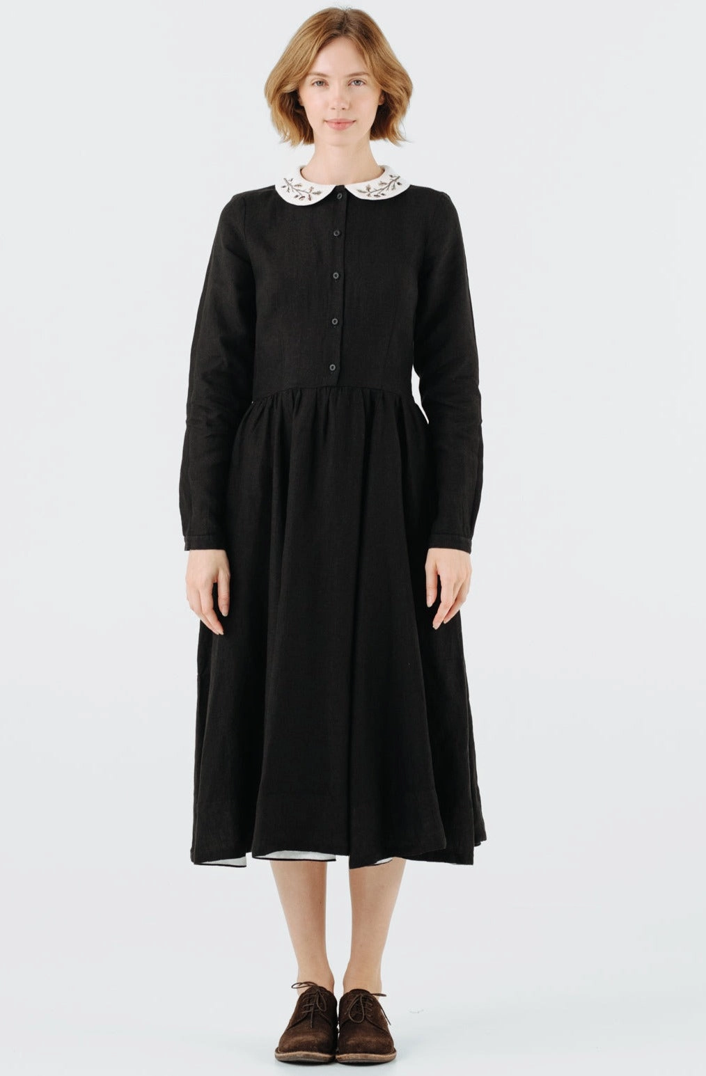 Refined Feel Chic Energy Classic Dress with Embroidered Hazelnut Collar, Long Sleeve