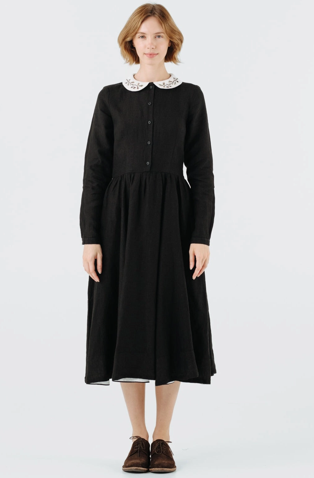 Work-to-Play Wear Classic Dress with Embroidered Hazelnut Collar, Long Sleeve
