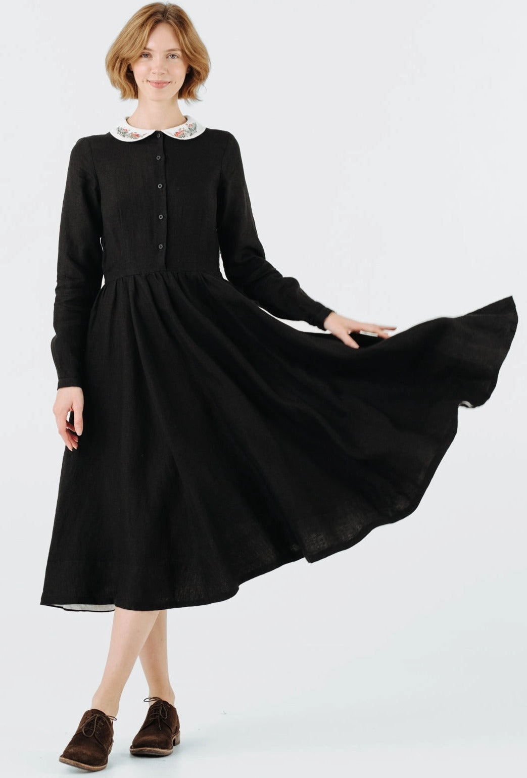 Classic Dress with Embroidered Wildwood Collar, Long Sleeve Work Fitwear Side Ruching