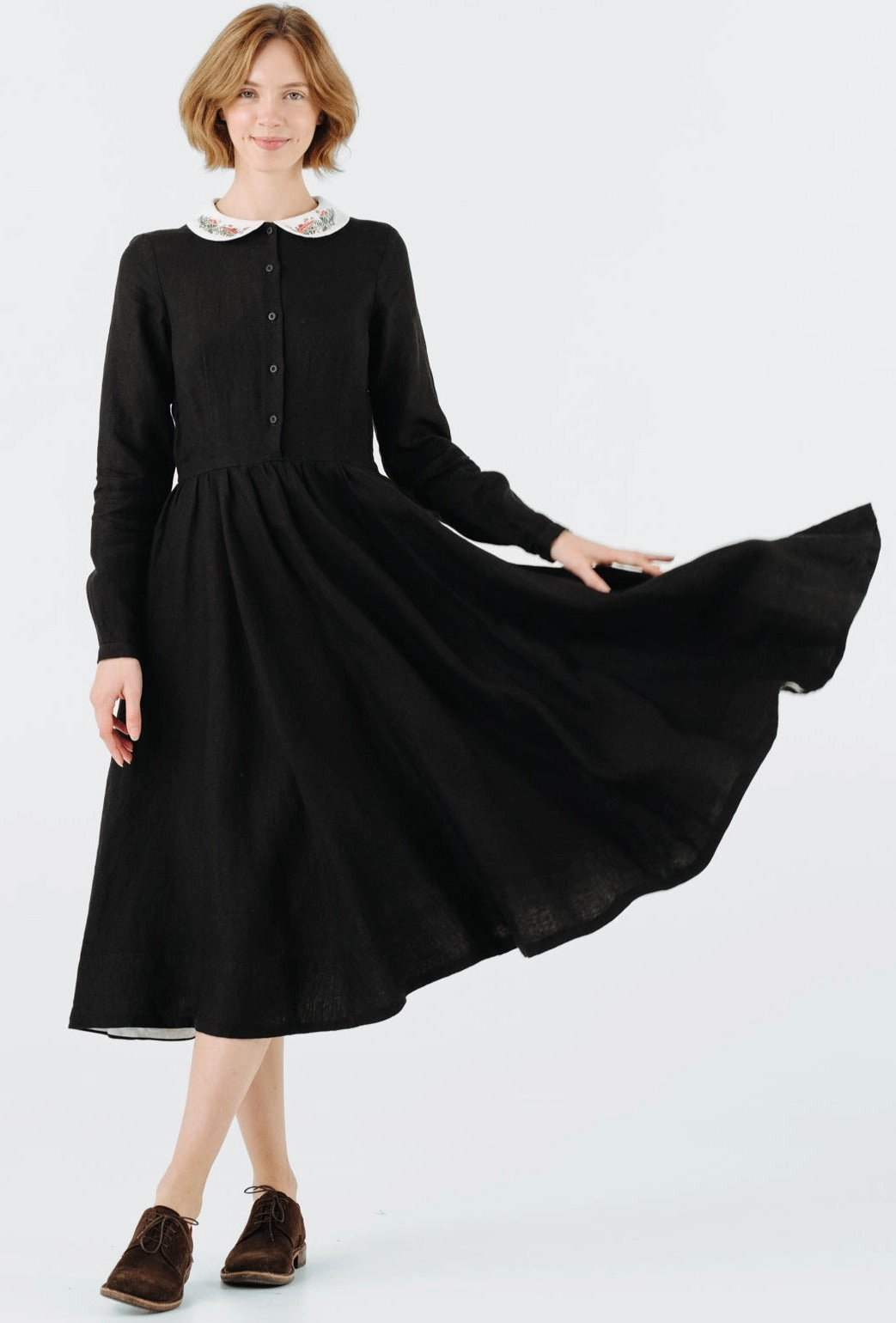 Knot-Detail Puff-Sleeve Classic Dress with Embroidered Wildwood Collar, Long Sleeve