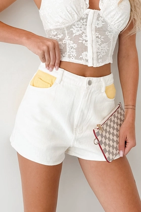 Blooming Anyway Contrast Denim Shorts (Off White/Yellow) Everyday Shopping Day Popular Option