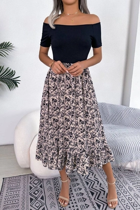 Date Nightwear Comfy Style CASUAL FLORAL FLOUNCES MID LENGTH DRESS_CWDSD2506