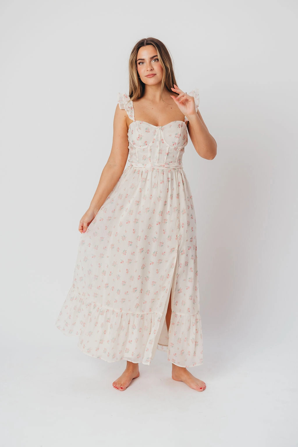 Rosamund Bustier-Style Maxi Dress in Blush Pink Floral - Inclusive Sizing (S-3XL) *Final-Sale* Bright-colored piece Sleek Drape