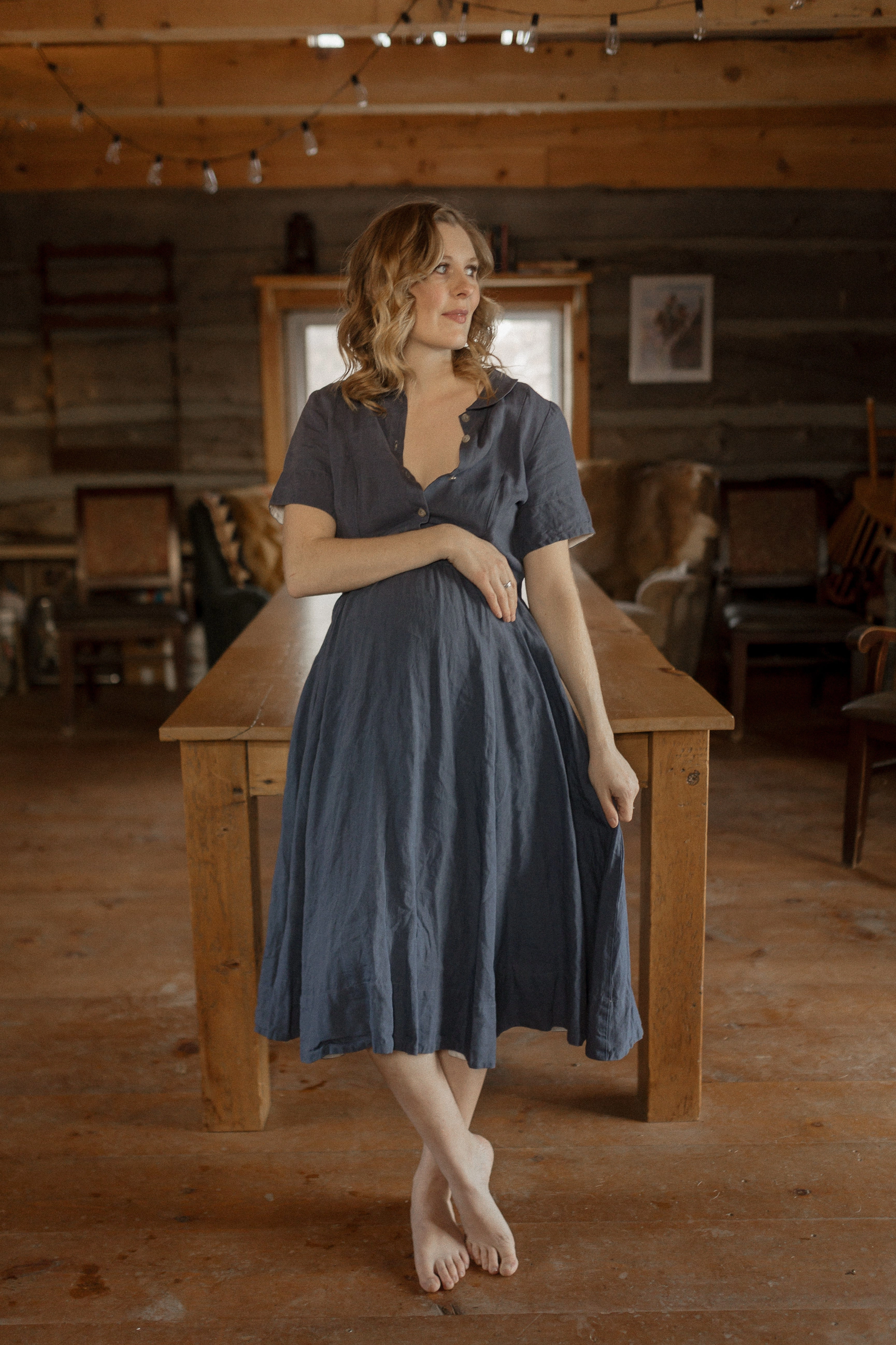 Classic Nursing Dress, Short Sleeve, Moonlight Blue wrap waist