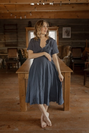 Classic Nursing Dress, Short Sleeve, Moonlight Blue petite size Hook-And-Eye