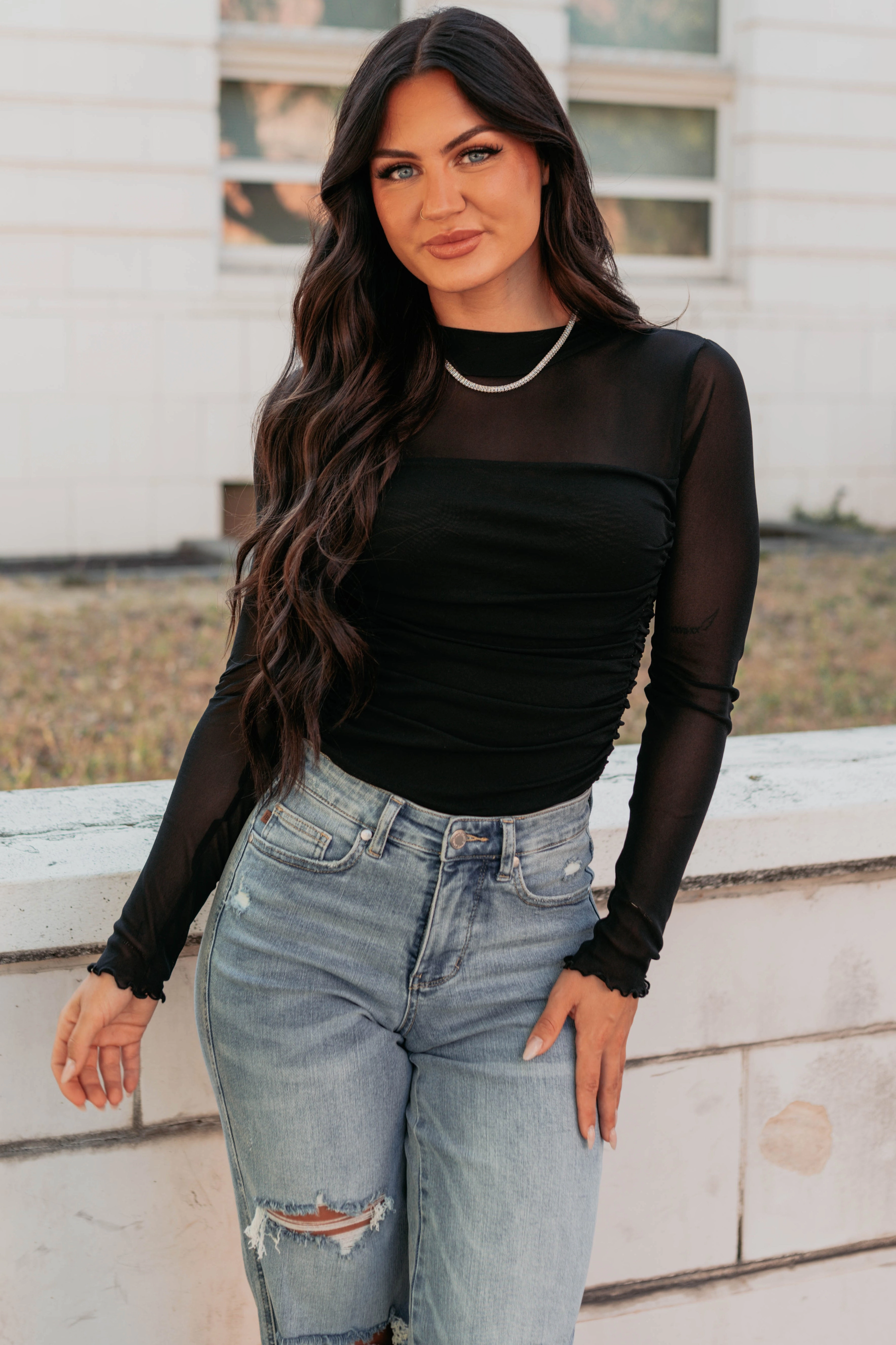 Ruthie Ruched Mesh Bodysuit (Black) Fit For Movement