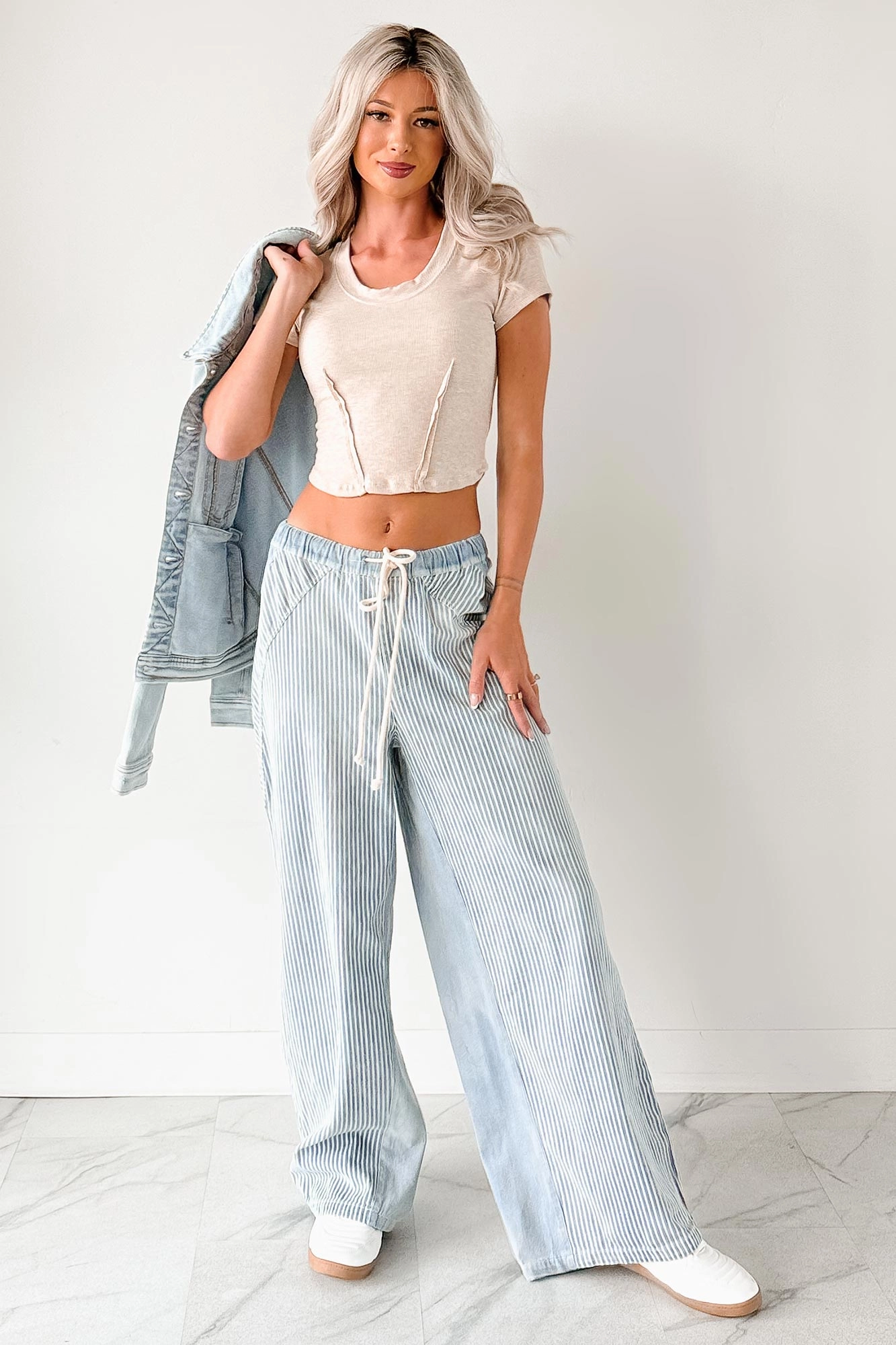 Button Fly Option Franklin Striped Drawstring Wide Leg Jeans (Denim)