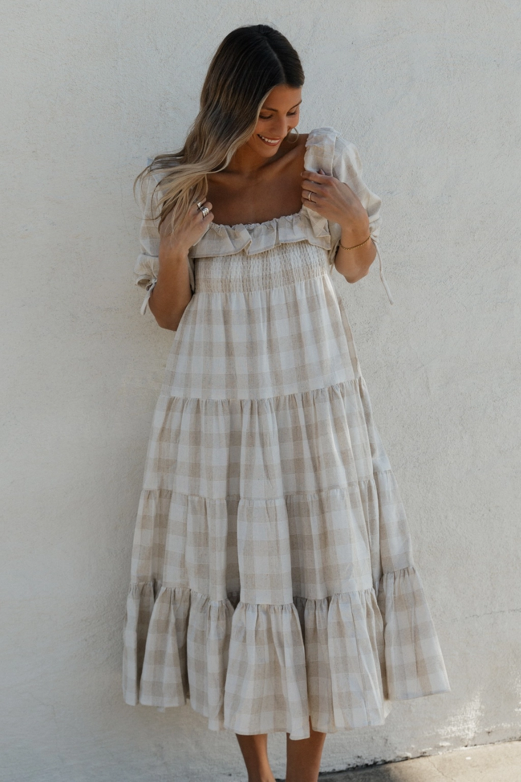 Clea Dress in Natural Plaid - Bump Friendly Wedding guest Ribbed-Texture