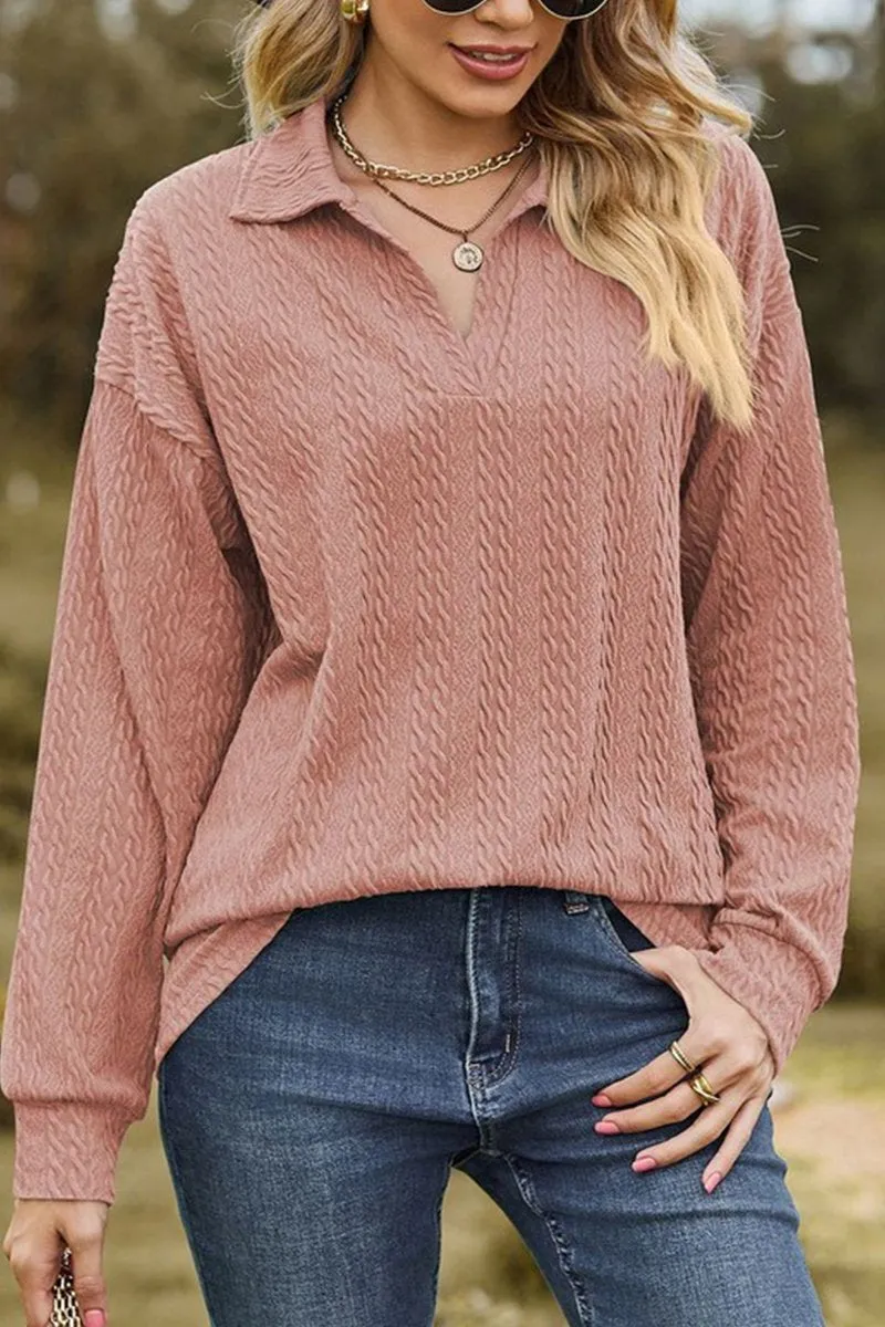 Relaxed Design Weekend Wear WOMEN TWIST CABLE STITCHED V NECK COLLAR T SHIRT