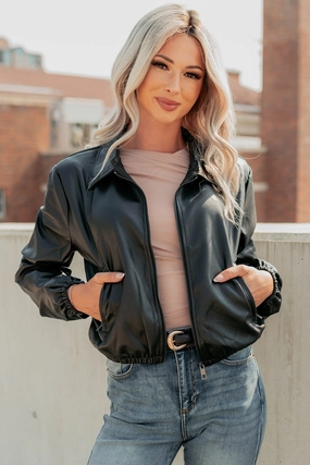 Fearless Moves Faux Leather Zip-Up Jacket (Black) Morning Chill