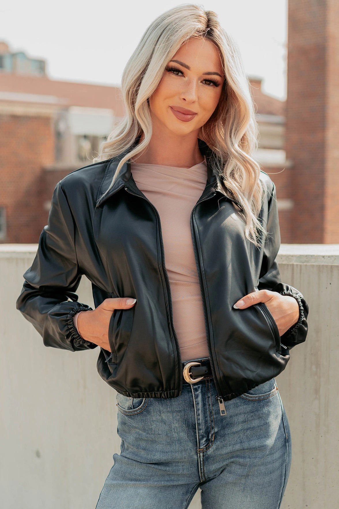 Fearless Moves Faux Leather Zip-Up Jacket (Black) Protective Padding