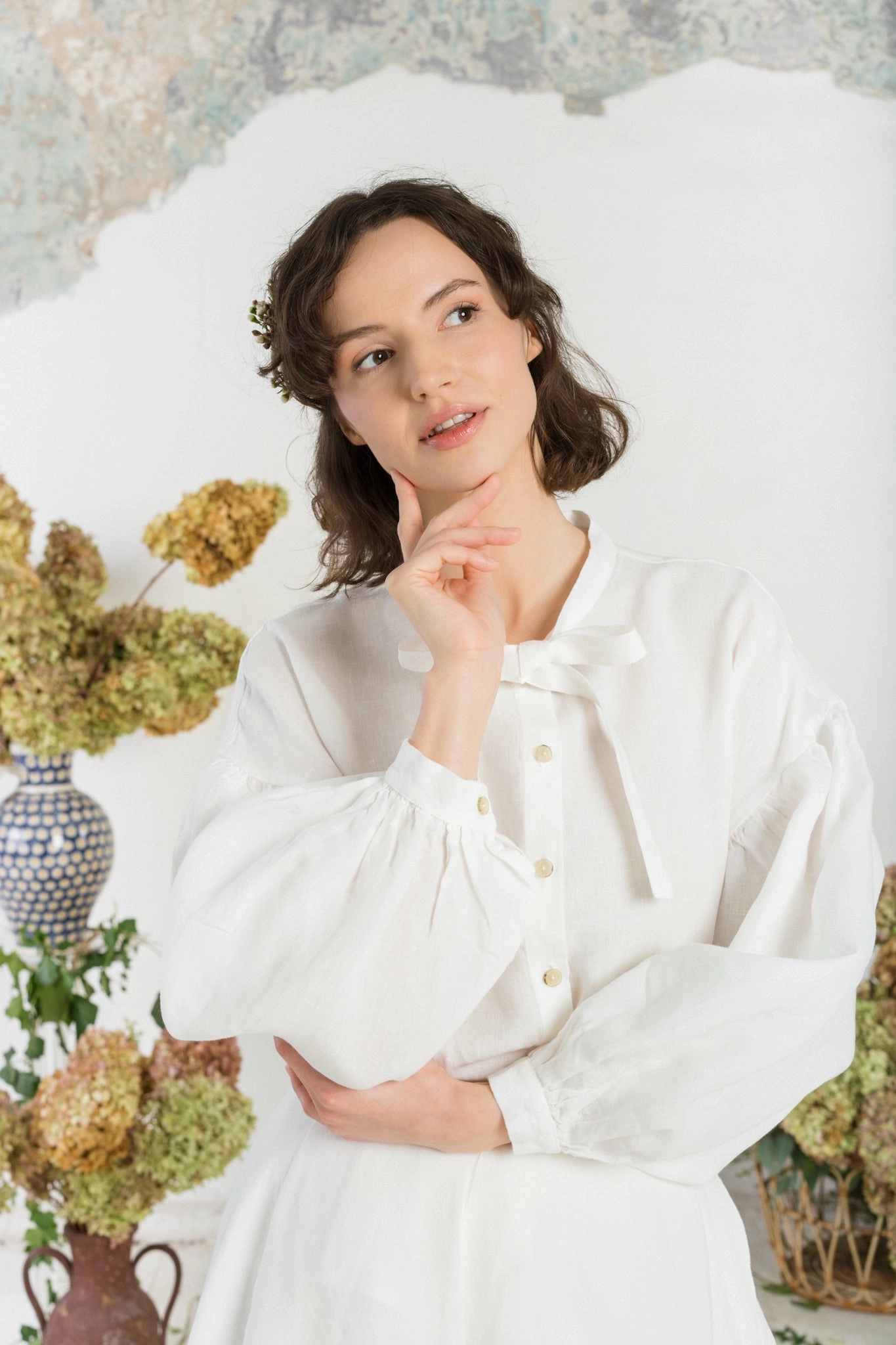 Clementine Shirt, Long Sleeve, White Magnolia Pure Color Fashion Option