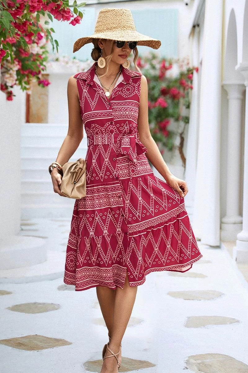 COLLARED PATTERN PRINTING WOMEN DRESS Cozy And Stylish Front-Slit