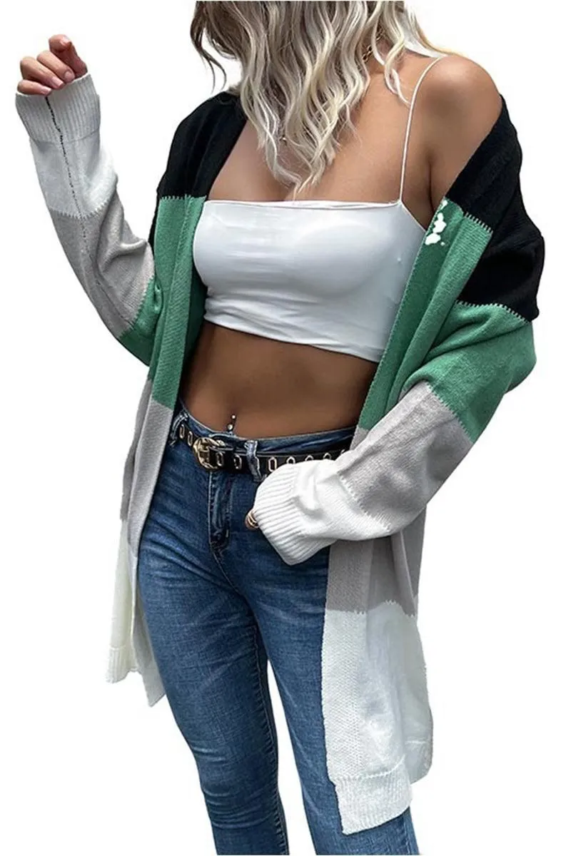 Quick Dry Weave Knit Layering COLOR BLOCK OPEN FRONT CASUAL CARDIGAN