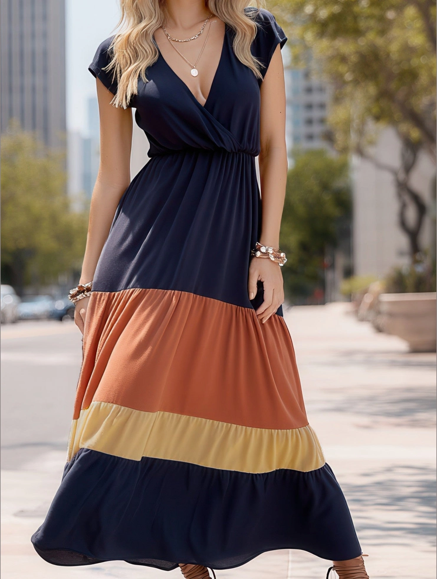 Comfortable fit dress for all body types Work Ready COLOR-CODED SHORT-SLEEVED V-NECK LONG-WAIST DRESS
