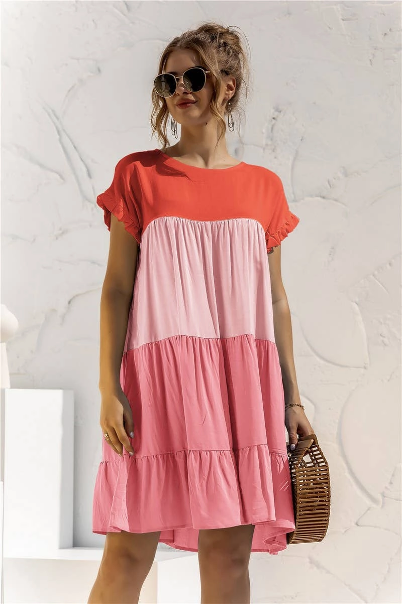 Style focused COLOR BLOCKING SHORT SLEEVED LOOSE FITTING DRESS_CWDSD2466