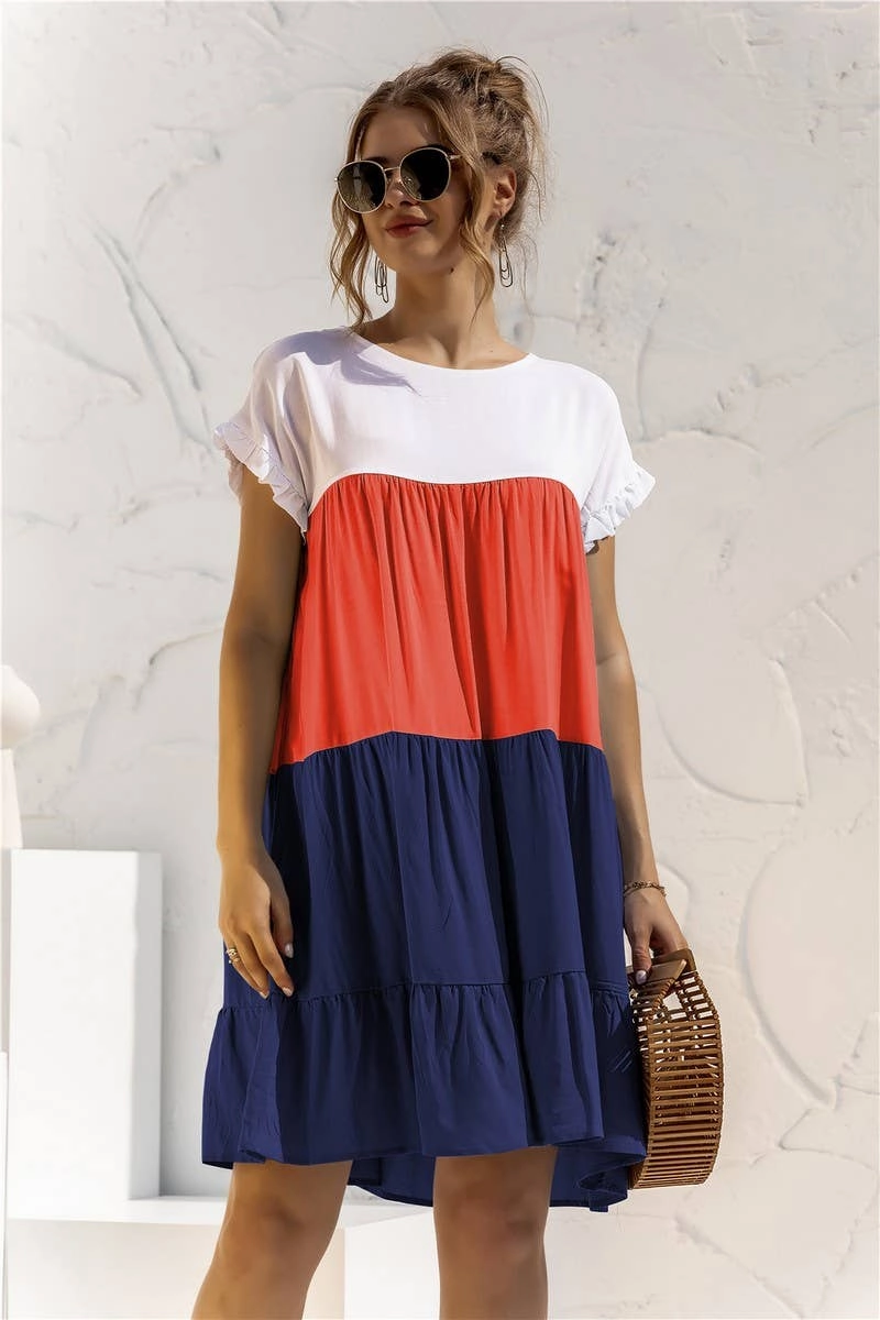 Casual Edge Clasp-Closure COLOR BLOCKING SHORT SLEEVED LOOSE FITTING DRESS_CWDSD2466