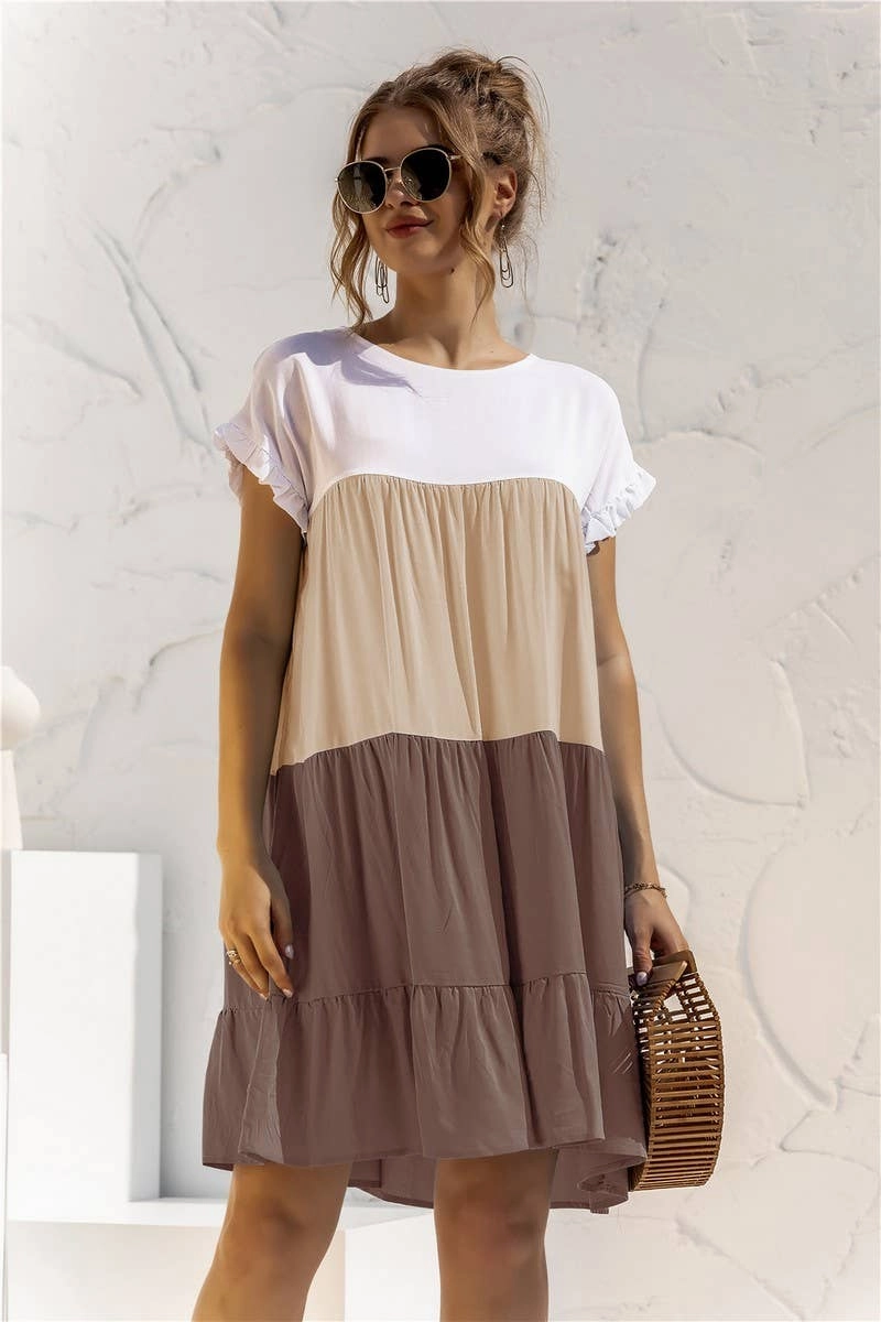 COLOR BLOCKING SHORT SLEEVED LOOSE FITTING DRESS_CWDSD2466 Farm Scene