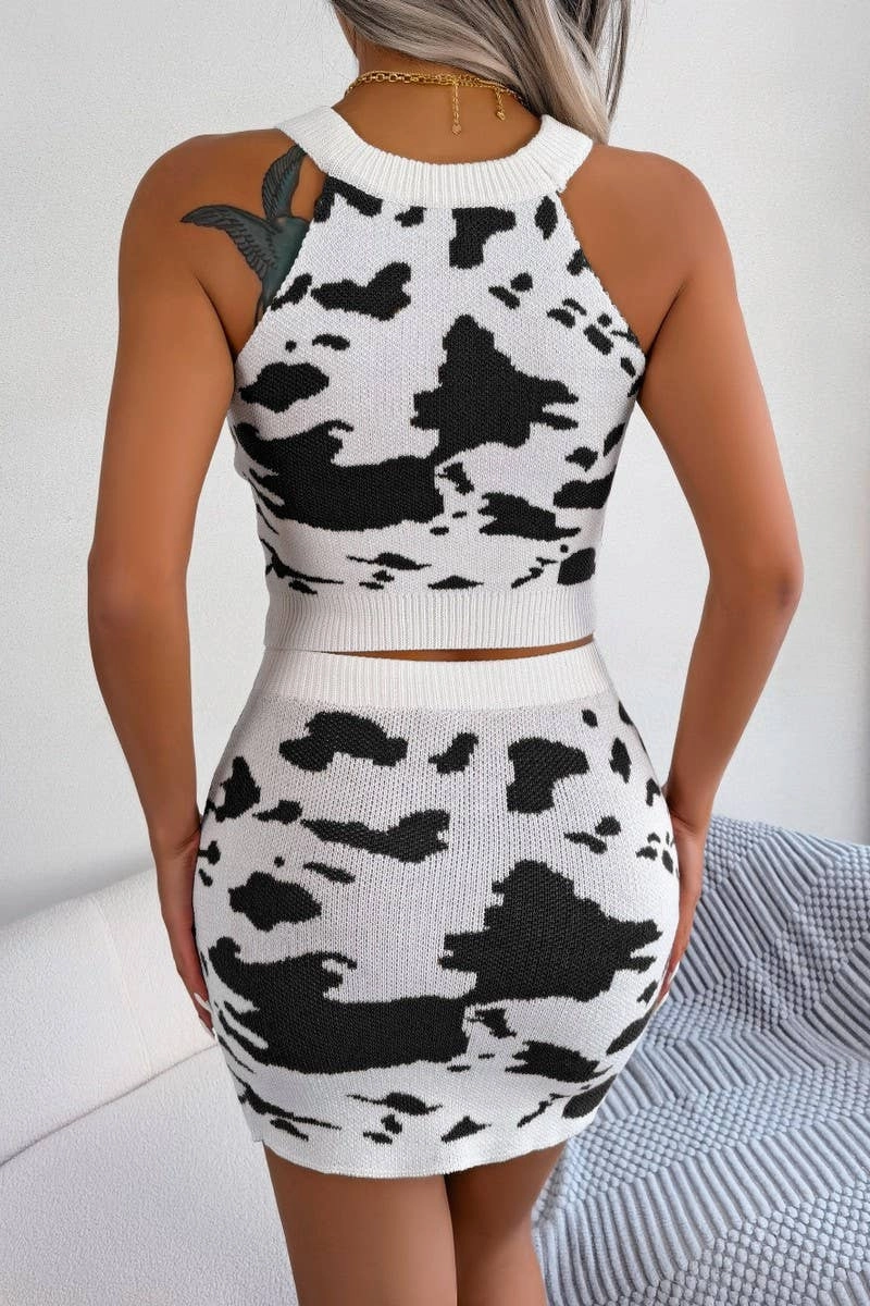 COW PRINT CROP TOP AND HIP SKIRT SUIT_CWSTB0392 ResilientElasticBand