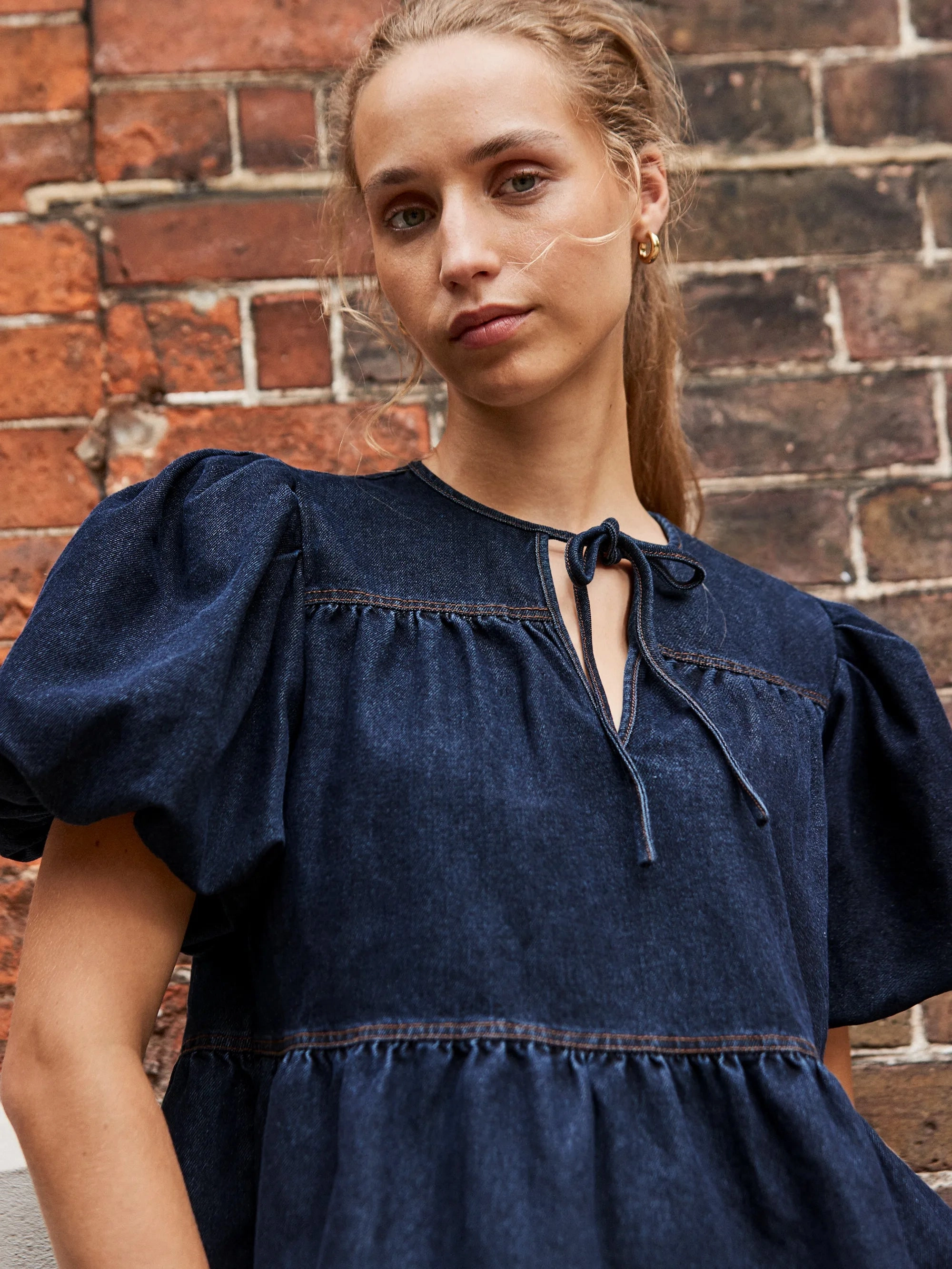 Dark-Blue Puff-Sleeve Denim Top Reinforced Hems FrictionResistantEdges