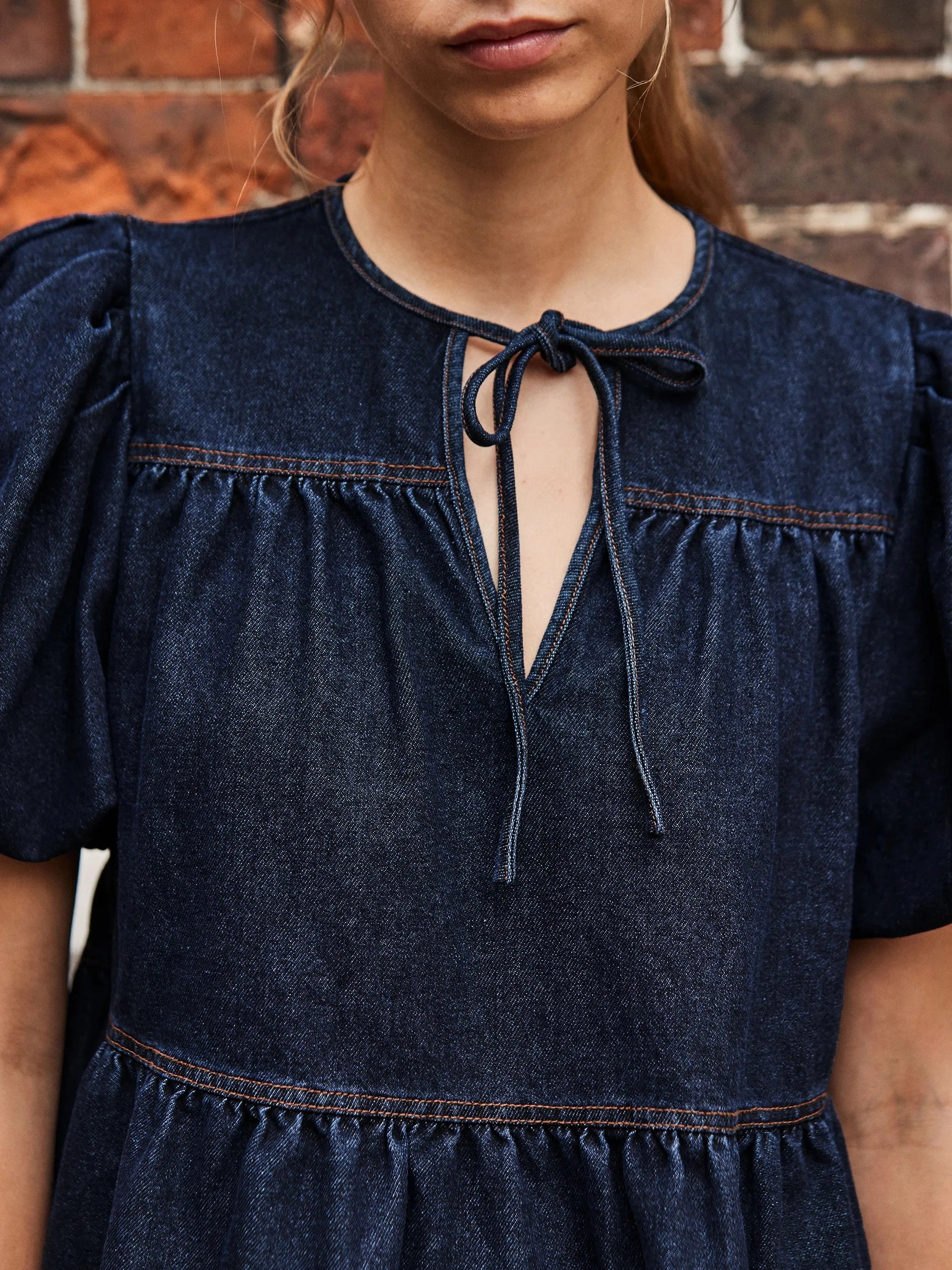 Dark-Blue Puff-Sleeve Denim Top ThermalRegulation Sporty Blouse