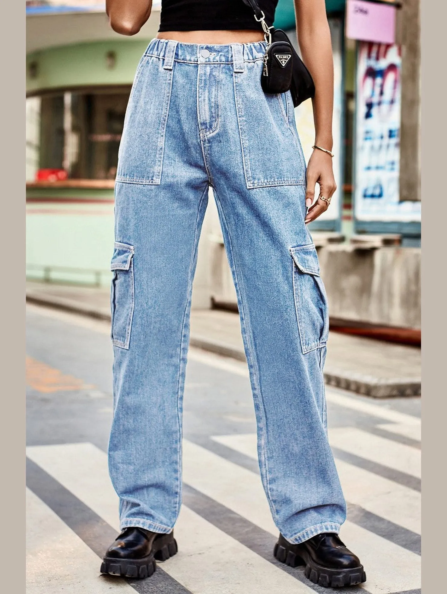WOMEN COMFY ELASTIC WAIST DENIM CARGO JEANS elastic waistband Comfort Focused