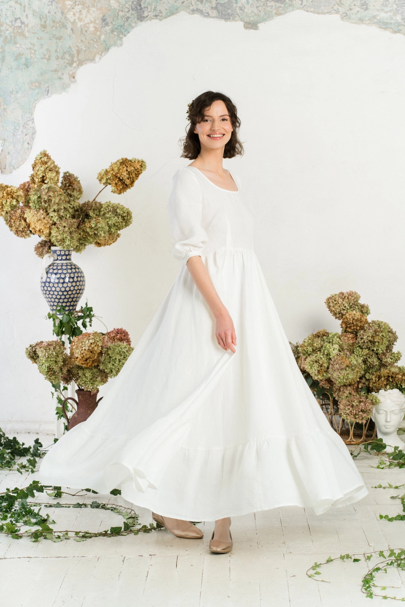 Maxi Carmen Dress, 3/4 Sleeve, White Magnolia Natural Silhouette Romantic Hour