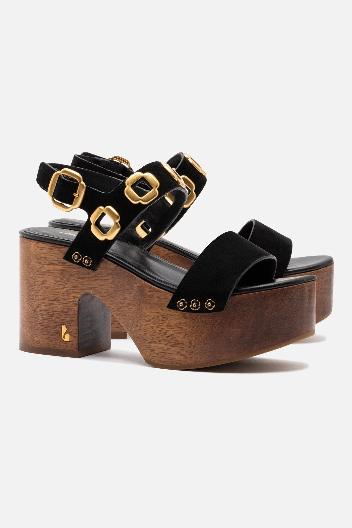 Smooth Surface Miso Wooden Platform Sandal In Black Suede