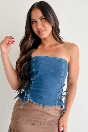 Lipstick & Lethal Strapless Lace-Up Top (Denim) Comfy Choice Casual Morning Stroll